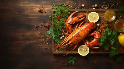 Wall Mural - Boiled lobster with vegetables on a black stone plate. Seafood. Free space for your text.