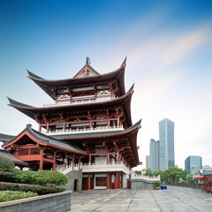 Sticker - Historical building on the bank of the Xiangjiang River: Du Fu Jiangge, Changsha, China.