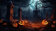 Halloween Pumpkin Head Jack Lantern With Burning Candles, Spooky Forest With A Full Moon And Wooden Table, Pumpkins In Graveyard In The Spooky Nigh