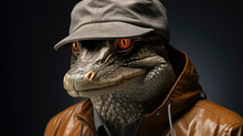 Close-Up Of A Funny Crocodile  Wearing Hat And  Brown Leather Jacket