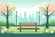City Summer Or Spring Park With Green Flowering Trees, Bench, Tsveta, Path And Lanterns Against The Backdrop Of Tall Buildings. Flat Vector Illustration For Design Or Print.