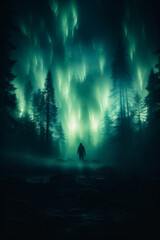 Man in the dark forest at night. Foggy mystical landscape.