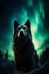 Black wolf in the night forest. Aurora borealis. 