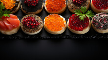Crackers With Cream Cheese Red And Black Caviar, Horizontal