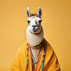 Canvas Print - Lama dressed in hippy clothes on yellow background. Humanization of animals concept