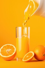 Pouring orange juice into a glass, orange background