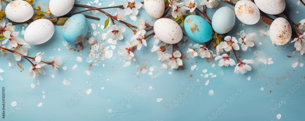 Frame with white and blue speckled easter eggs and cherry blossoms on ...