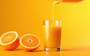 Pouring orange juice into a glass, orange background