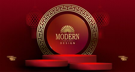 Wall Mural - Chinese New Year. Red texture illustration with a stage and a round isolated frame with a pattern.