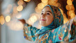 Portrait of a smiling Islamic girl enjoying wearing new blue holiday headscarf. Ramadan, eid, child happy girl in new clothes.