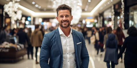 Extremely happy satisfied handsome male man in white shirt standing in shopping mall. Discounts, good purchases. Indoor studio shot of shopping and sale concept. Black friday.