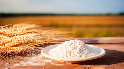 Wall Mural - Flour and ears of wheat against the background of a wheat field. Selective focus.