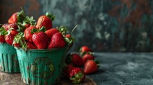 Fresh Ripe Strawberries In A Rustic Basket Adorned With A Green Recycle Symbol, Representing Sustainable And Organic Food Practices.