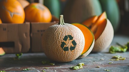 Wall Mural - A ripe, juicy cantaloupe with green recycle sign painted on its surface, representing eco-friendly practices and composting of organic waste after consumption.