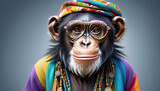 Fototapeta  - Chimpanzee dressed in hippy clothes. Humanization of animals concept.