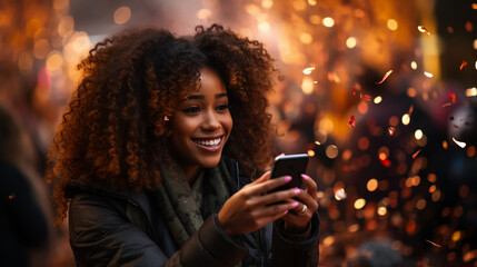 Wall Mural - A young girl is with a smartphone at a music festival, texting with her friends.