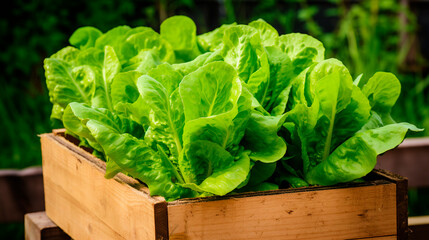 Wall Mural - lettuce in a box in the garden. Selective focus.