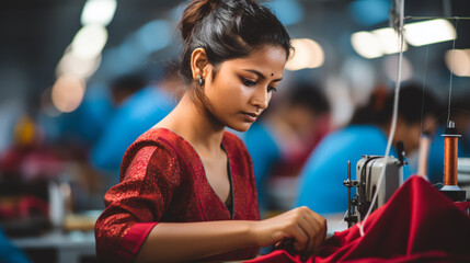 Sticker - Beautiful female worker is in the sewing factory by the machine.