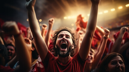 Wall Mural - group of fans dressed in red color watching a sports event in the stands of a stadium