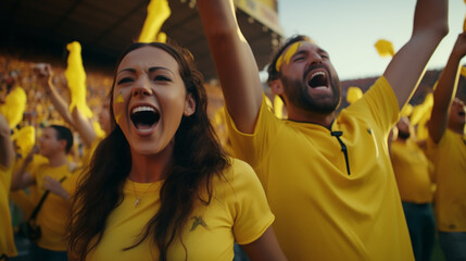 Wall Mural - group of fans dressed in yellow color watching a sports event in the stands of a stadium