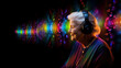 © alexkich - old woman in headphones listening to music. Abstract background with color powder explosion. Inspiration, dreams, flights of fancy.