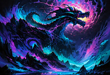 A Dragon In A Fantastic Landscape, A Menacing Dragon Seemingly Made Of Dark, Swirling Clouds, With Bright, Glowing Eyes. The Dragon Is Surrounded By A Halo Of Bright Purple And Blue,Generative AI