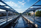 Fototapeta Londyn - Sturdy steel framework on a flat roof against a clear sky, construction picture