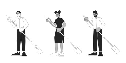 Poster - Formal diverse adults rowing paddles black and white 2D line cartoon characters set. Multicultural isolated vector outline people collection. Water activity monochromatic flat spot illustrations
