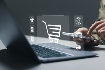 Wall Mural - business ecommerce concept. businessman use smartphone with online shopping icons for internet shopp