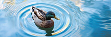 Duck Swimming In Water With Water Rings.