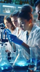 Aufkleber - A team of Multi-Ethnic Young scientists study and conduct analyses in a modern scientific and medical laboratory. Healthcare, microbiology, biotechnology, biology concepts.