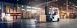 Forklift transporting cardboard boxes in a warehouse with sunlight. Storage efficiency concept. Generative AI