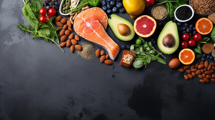 Wall Mural - A Selection of Healthy Foods on a Gray Concrete Background 