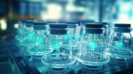 Aufkleber - Close-up of identical flasks in a modern scientific medical laboratory. New drug development, research, pharmaceuticals, biotechnology, microbes, biology, chemistry concepts.
