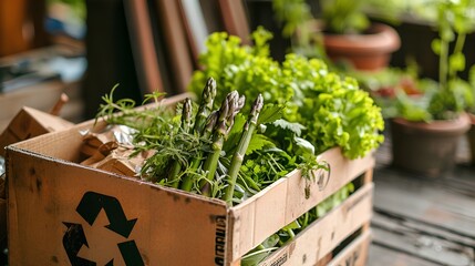 Wall Mural - box adorned with a bright green recycle symbol, brimming with freshly harvested asparagus. The produce is from an eco-friendly, sustainable farm, emphasizing zero waste with biodegradable packaging.