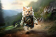 Angora terrier cat dressed as a jungle explorer is running on the mountain