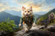 Angora terrier cat dressed as a jungle explorer is running on the mountain