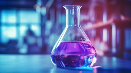 Aufkleber - Close-up of glass flasks with a purple chemical in a modern scientific medical laboratory. New drug development, research, pharmaceuticals, biotechnology, microbes, biology, chemistry concepts.