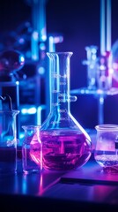 Aufkleber - Close-up of glass flasks with a purple chemical in a modern scientific medical laboratory. New drug development, research, pharmaceuticals, biotechnology, microbes, biology, chemistry concepts.