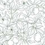 Fototapeta  - Summer pattern with lemon branch. Background with citrus fruits, vector illustration, seamless print, sketch in lines, freehand drawing.