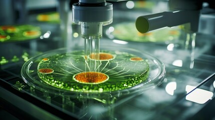 Aufkleber - Close-up of a petri dish with microorganisms under a microscope in a modern medical laboratory. Science, microbiology, biotechnology, chemistry, pharmacy concepts.