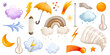 Weather forecast. Set of elements for determining weather and celestial elements. Yellow umbrella and raining clouds. Hand drawn illustration. Beautiful design elements