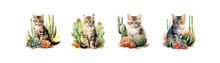 Cat And Cactus Watercolor Set. Vector Illustration Design.