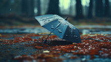 Forgotten In The Downpour: Discarded Umbrella In Rain