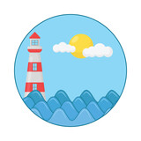 Fototapeta Zachód słońca - illustration of wave and lighthouse 