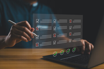 Poster - Quality control, Checklist Steps Quality Selection with Quality Assurance improvement. Compliance to regulations products, service and standards. Inspection, QA, QC, Standardization, certification.