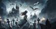 © Creative Catalog - Ghost Castle in a Cemetery,A dark and gloomy scene in a cemetery with gothic architecture. A woman with loose hair stands back, wearing a long dress, scary background
