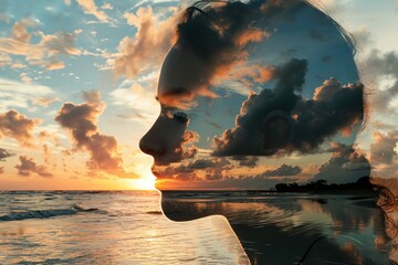 Canvas Print - A woman's face in the clouds, double exposure.