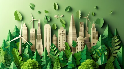 An eco-friendly landscape showcasing a sustainable city with renewable energy sources like wind turbines and solar panels, green parks, and modern buildings designed for minimal environmental impact