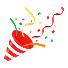 Party popper with gold confetti and serpantine salute isolated on white. Vector illustration. Golden cracker for celebration event design. Birthday and New Year congratulations surprise.